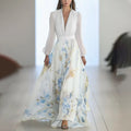 european and american style women's  independent store digital print long sleeve v-neck patchwork maxi dress