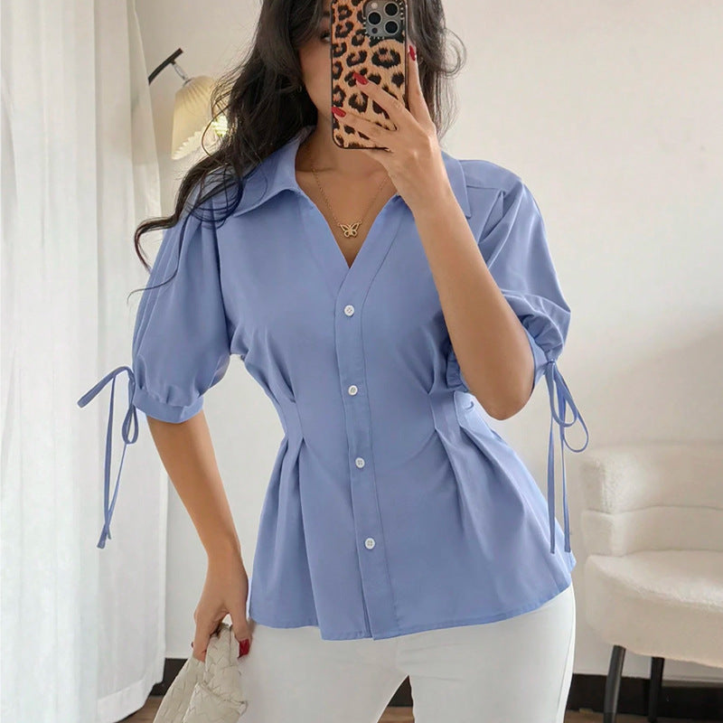 Cross-border ins  European and American solid color shirt half-sleeve drawstring 2025 independent station temperament waist cardigan shirt women