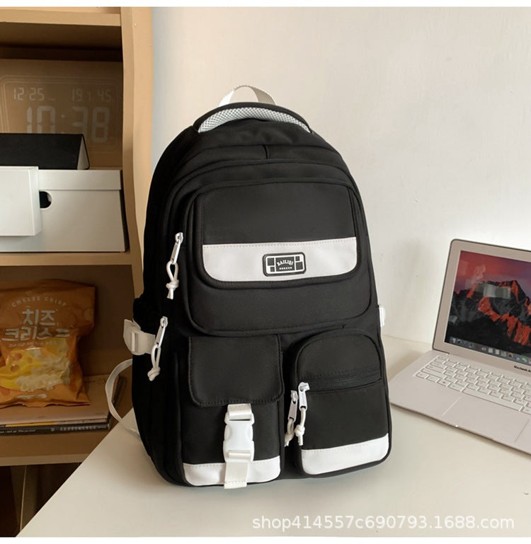 Backpack with multiple flap pocket pants design, junior high school student school bag, travel couple, large capacity, wear-resistant and dirt-resistant, campus style