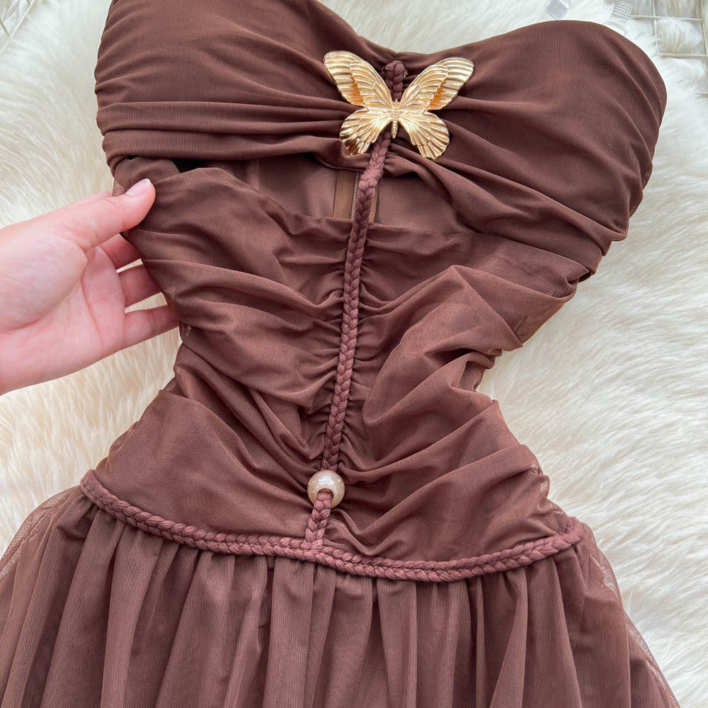Retrotube top butterfly off-the-shoulder dress women's new arrivalhigh waist waist slimming look a-line mesh long skirt elegant outfit