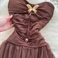 Retrotube top butterfly off-the-shoulder dress women's new arrivalhigh waist waist slimming look a-line mesh long skirt elegant outfit