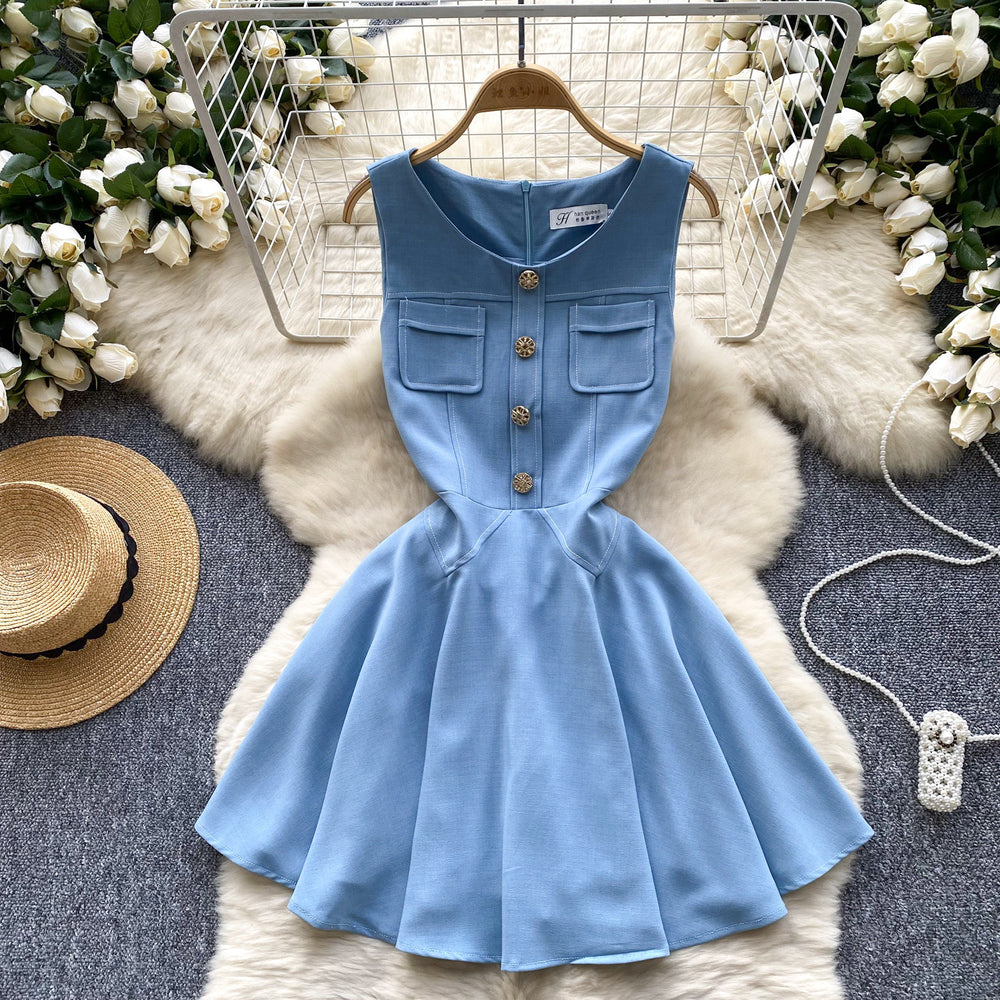 French chic mini dress - women's summer high-end round neck sleeveless metallic buckle waist slimming a-line party dress
