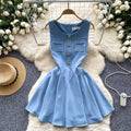 French chic mini dress - women's summer high-end round neck sleeveless metallic buckle waist slimming a-line party dress