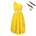 D404 with belt independent station export women's clothing new arrivalfashionelegant slanted shoulder pure color pleated large skirt european and american dress