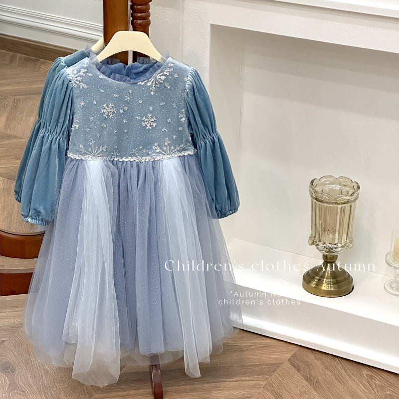 spring new girls' princess dress birthday dress fleece-lined formal gown puffy mesh heavily embellished frozen-inspired dress