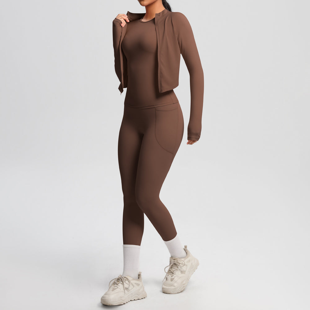 new cloud-soft brushed long-sleeve athletic zip-up jacket casual running butt-lifting fitness yoga three-piece set