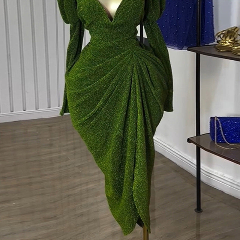 European and american cross-border women's fashion:  summer new arrivals - sexy and elegant v-neck lantern sleeve evening gown bodycon dress