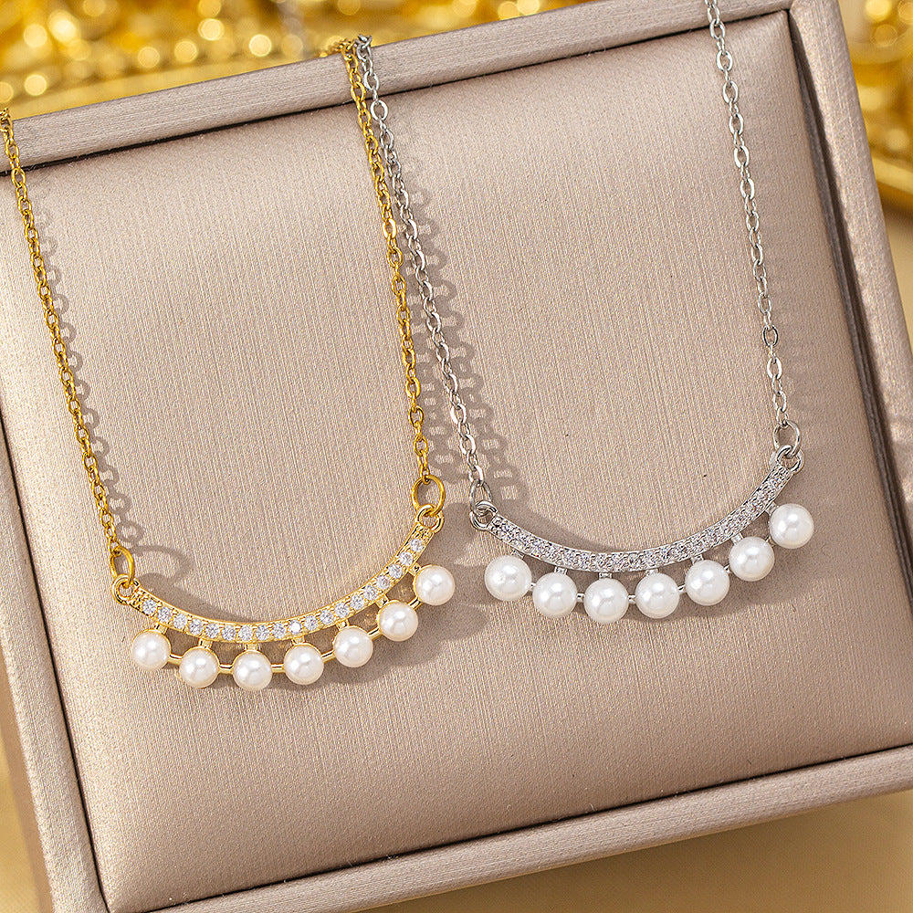 [copper inlaid with zirconium] new style micro-embedded diamond pearl titanium steel necklace for women, high-end, accessible luxury, versatile sweater chain jewelry