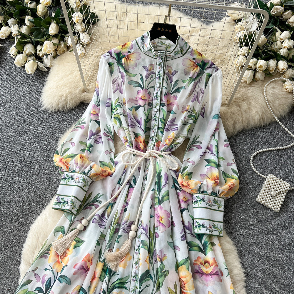 Frenchniche styleclassyprinting stand collar long sleeves waist a-line dress female summer lazy elegant long skirt