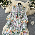 Frenchniche styleclassyprinting stand collar long sleeves waist a-line dress female summer lazy elegant long skirt