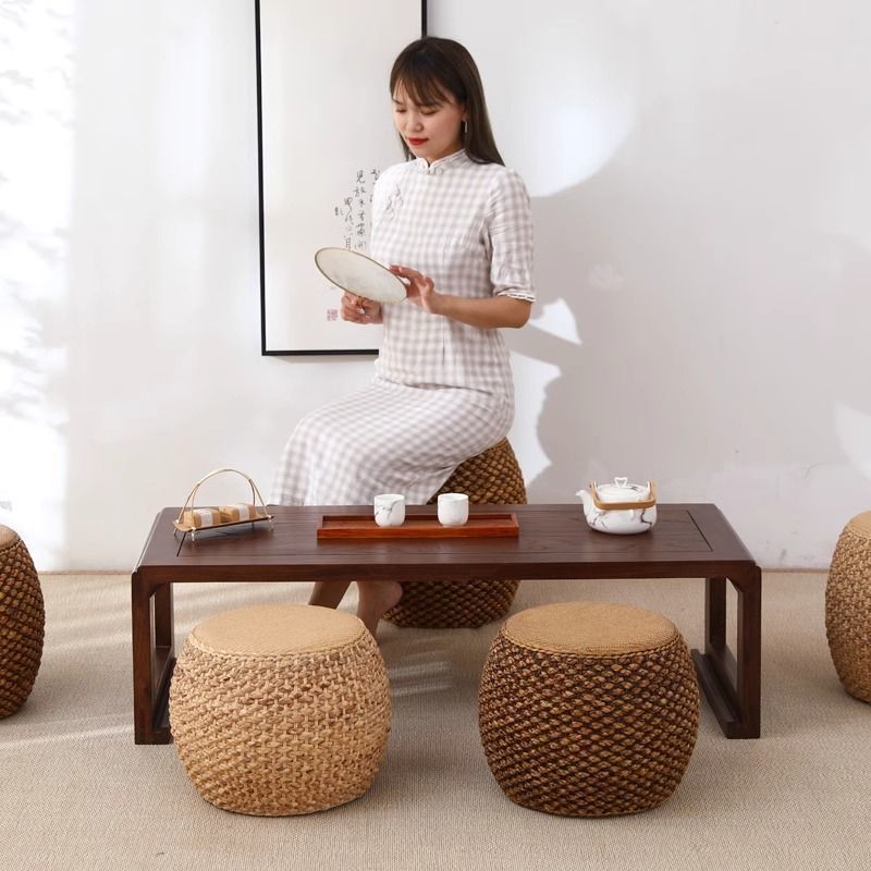 Rattan chinoiserie solid wood straw makeup low drum stool for home living room coffee table shoe changing stool guzheng piano board tall round stool