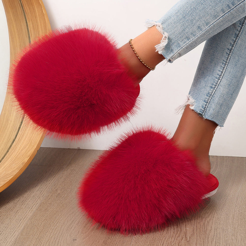 plus sizepure color fluffy large fur slippers soft bottom winter toe-cap home heattech multi-color cotton slippers
