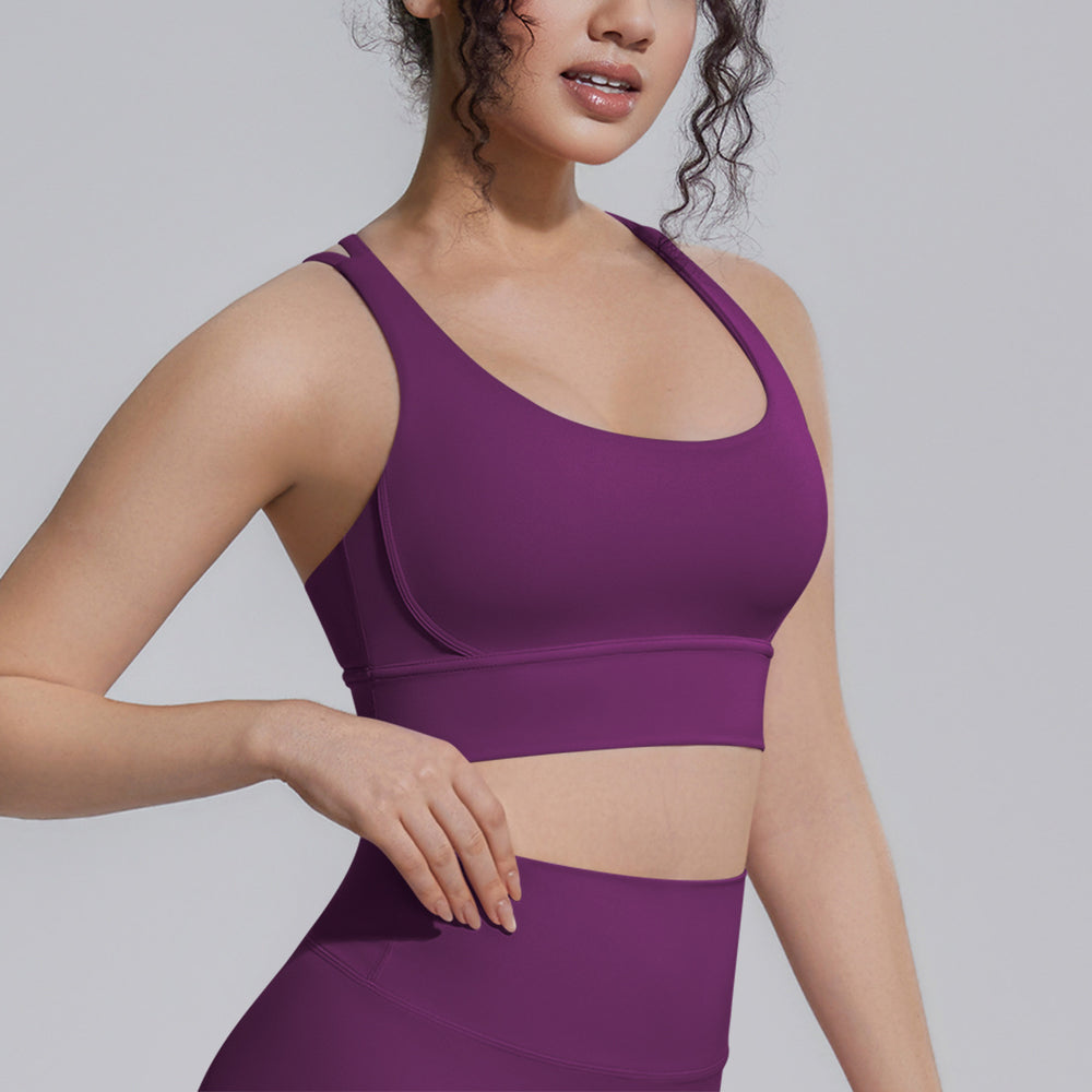 New nylon spandex sports bra - racerback, cross-back, compression yoga top - shockproof, barely-there feel, fitness tank top