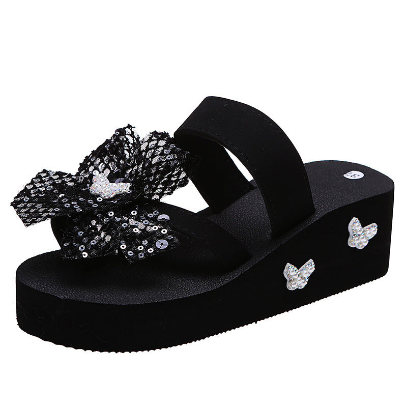 Plus size drag female students spring and summer outweark-style flip-flop sandals flower rhinestone drag ins pearl eva beach shoes