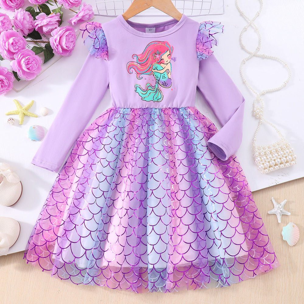 Children's long sleeves round neck mermaid fish scale mesh dress