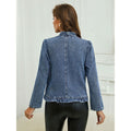 1688 source factory ruffle hem denim cropped jacket women's new collarless open front cardigan top buttonless light blue outerwear