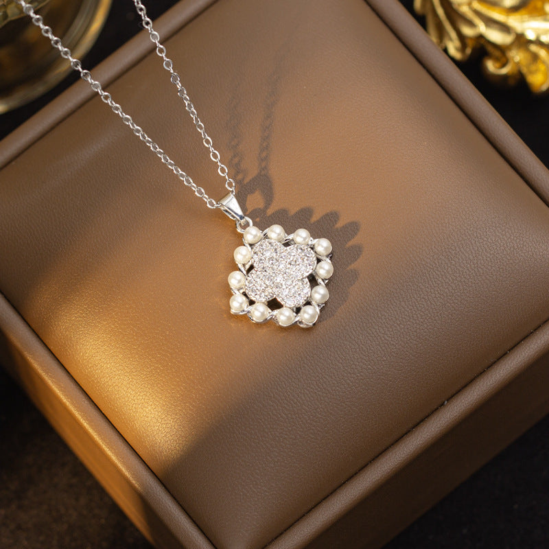 【titanium steel】european and american light luxury full diamond four-leaf clover pearl necklace and earring stud set - personalized jewelry set