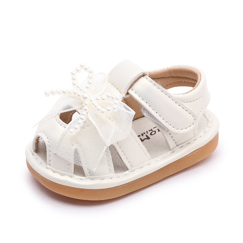 Summer newborn baby squeaky shoes, 0-2 years old baby girl anti-slip soft sole first walker shoes, princess style sandals, hollow out shoes