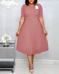 Belted european and american style new summer  round neck midi pleated skirt plus size african cross-border dress