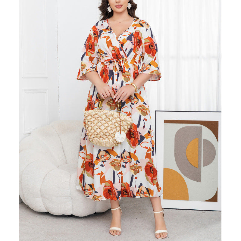 plus size cross-border new arrival  women's original elegant v-neck printed dress