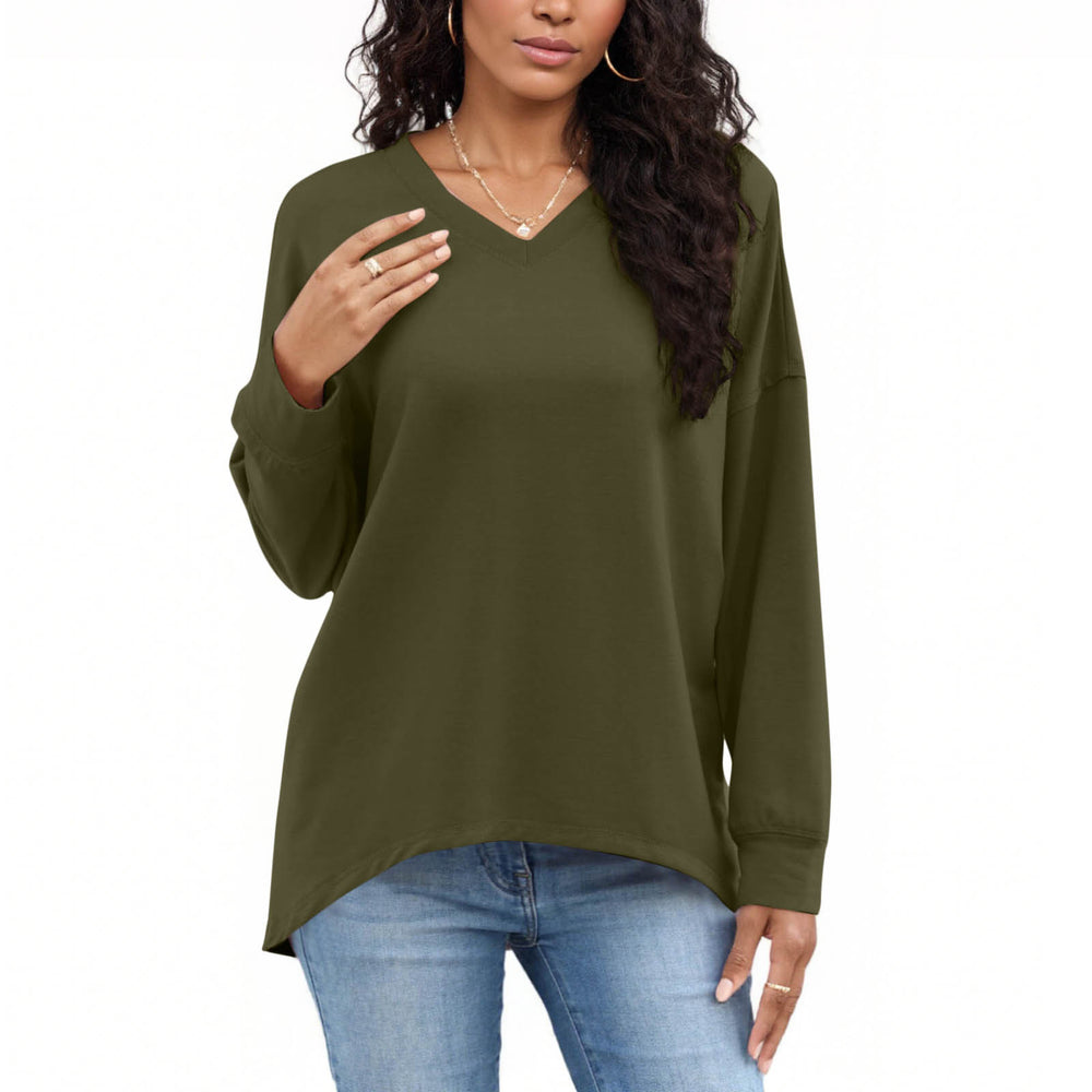cross-border new women's fashion casual solid color v-neck long sleeve top hoodless sweatshirt