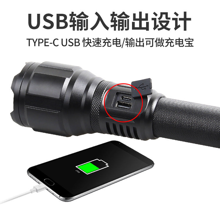 Cross-border new HXP360 strong light zoom power display Type-c port output 160 multi-function LED flashlight