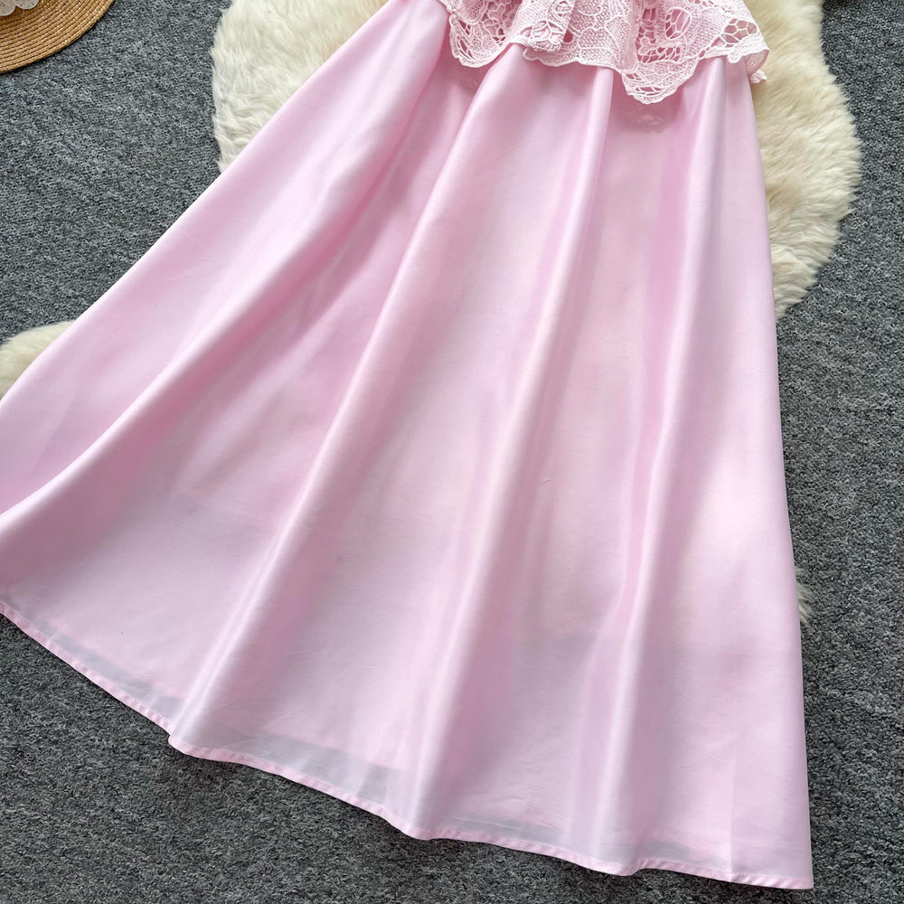 Elegant pink lace cutout patchwork satin a-line dress - slimming, chic, and perfect for summer workwear