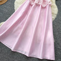 Elegant pink lace cutout patchwork satin a-line dress - slimming, chic, and perfect for summer workwear