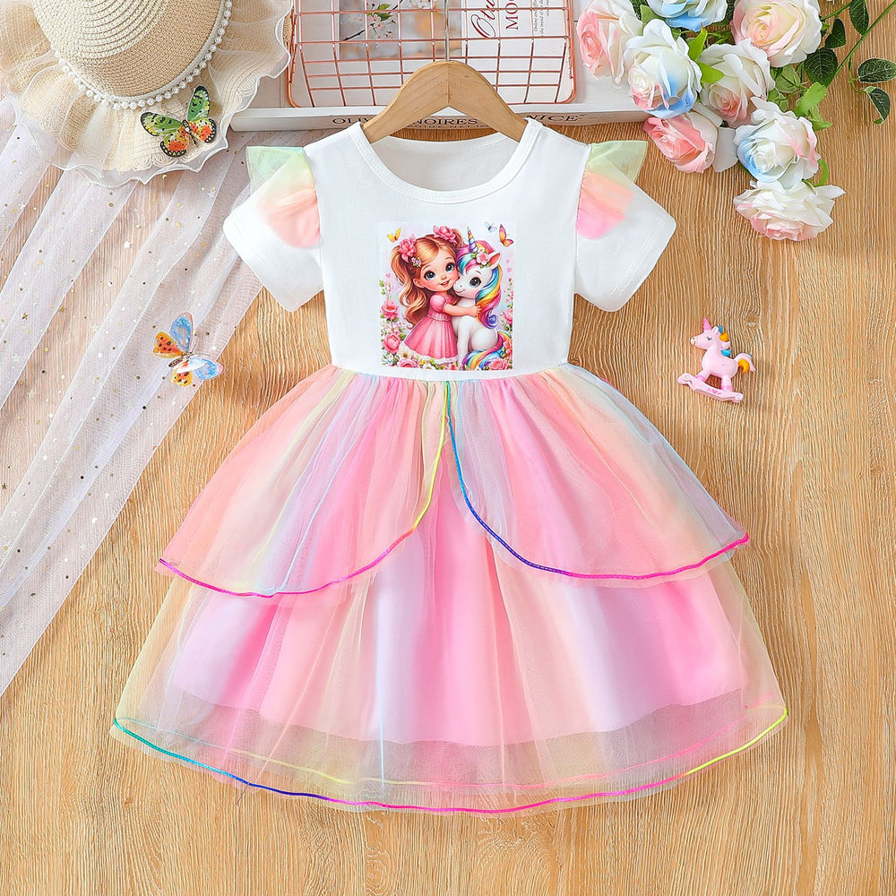 Exportsummernew arrivaldress style gauze skirt mesh cartoon princess skirt skirt girl short sleeve kids summer wear