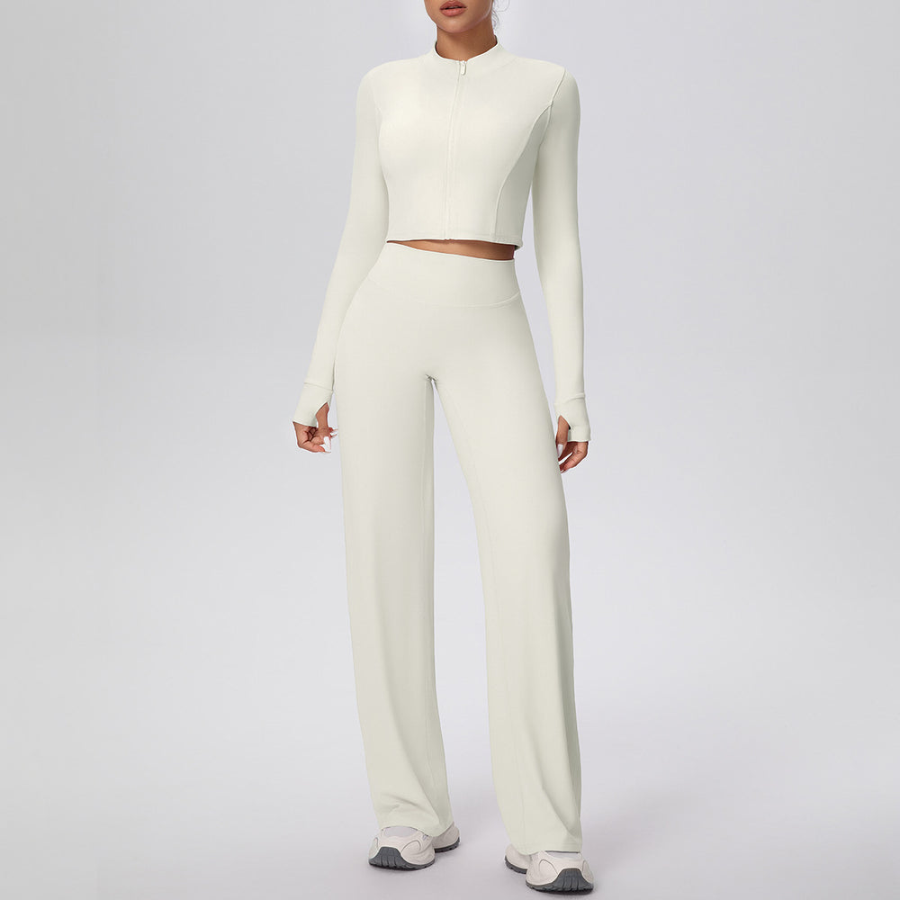 New arrival: solid color double-sided brushed fleece zip-up jacket & wide-leg yoga pants set - perfect for running, fitness, and activewear