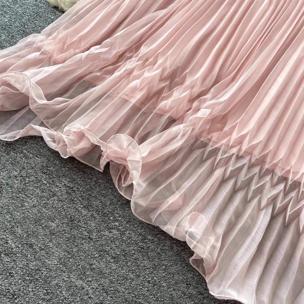 French halter sleeveless sweet age-reducing pleated dress women's summer high waist cake skirt fairy vacation style long skirt