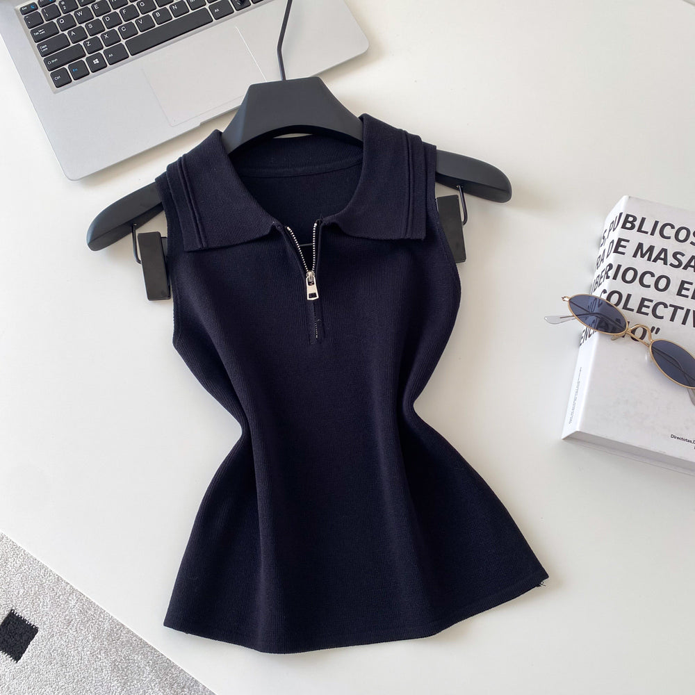 K-style lapel half-zip sleeveless knitting vest women's spring summer light mature style casualpullover knitting shirt multi-color