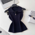 K-style lapel half-zip sleeveless knitting vest women's spring summer light mature style casualpullover knitting shirt multi-color