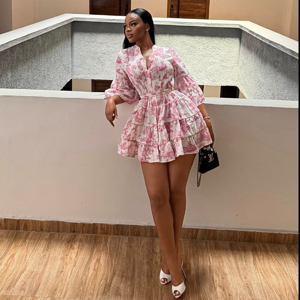 European and american cross-border women's clothing:  summer new arrivals - sweet & fresh pleated print puff sleeve bodycon dress