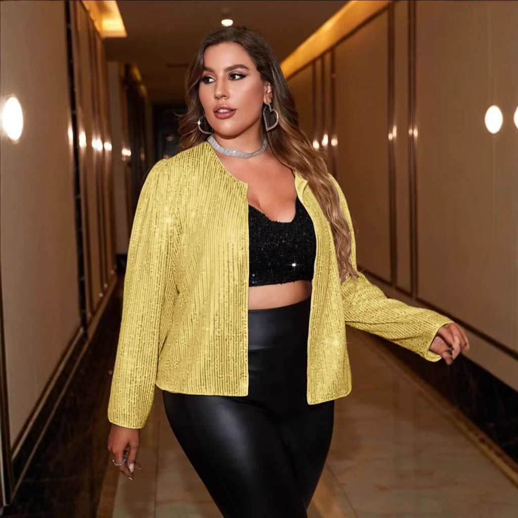 Europe, America, ,   new Xiaoxiangfeng cardigan, long-sleeved short top, sequined large-size women's coat