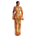 European and american cross-border women's fashion:  spring/summer new arrival - elegant printed turtleneck flared sleeve slim-fit maxi dress