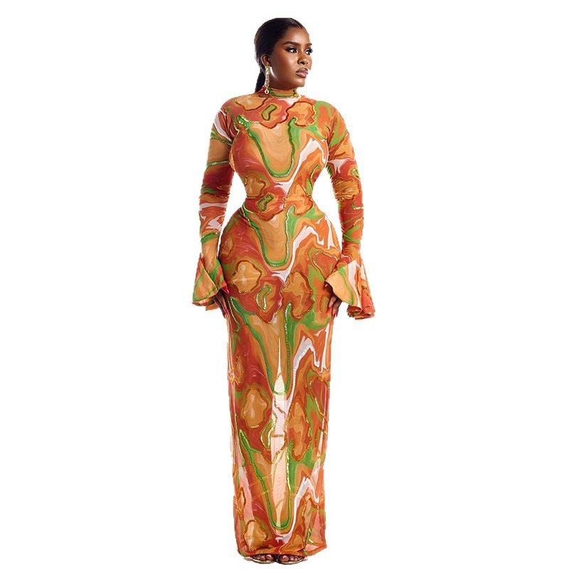 European and American  women's clothing 2025 spring and summer new temperament printed semi-turtleneck horn sleeve slim-fitting long dress