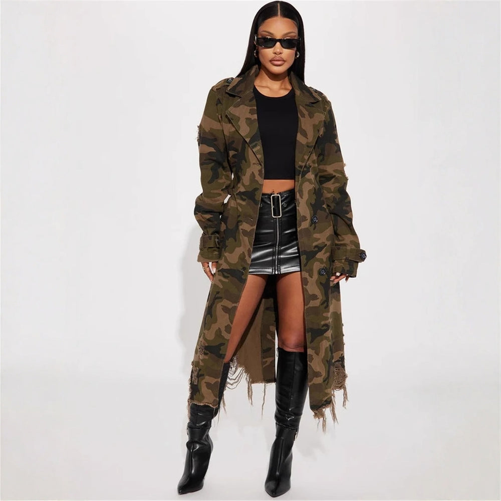S391323 cross-border fashion independent station  european and american women's clothing ripped personalized camouflage long windbreaker outwear