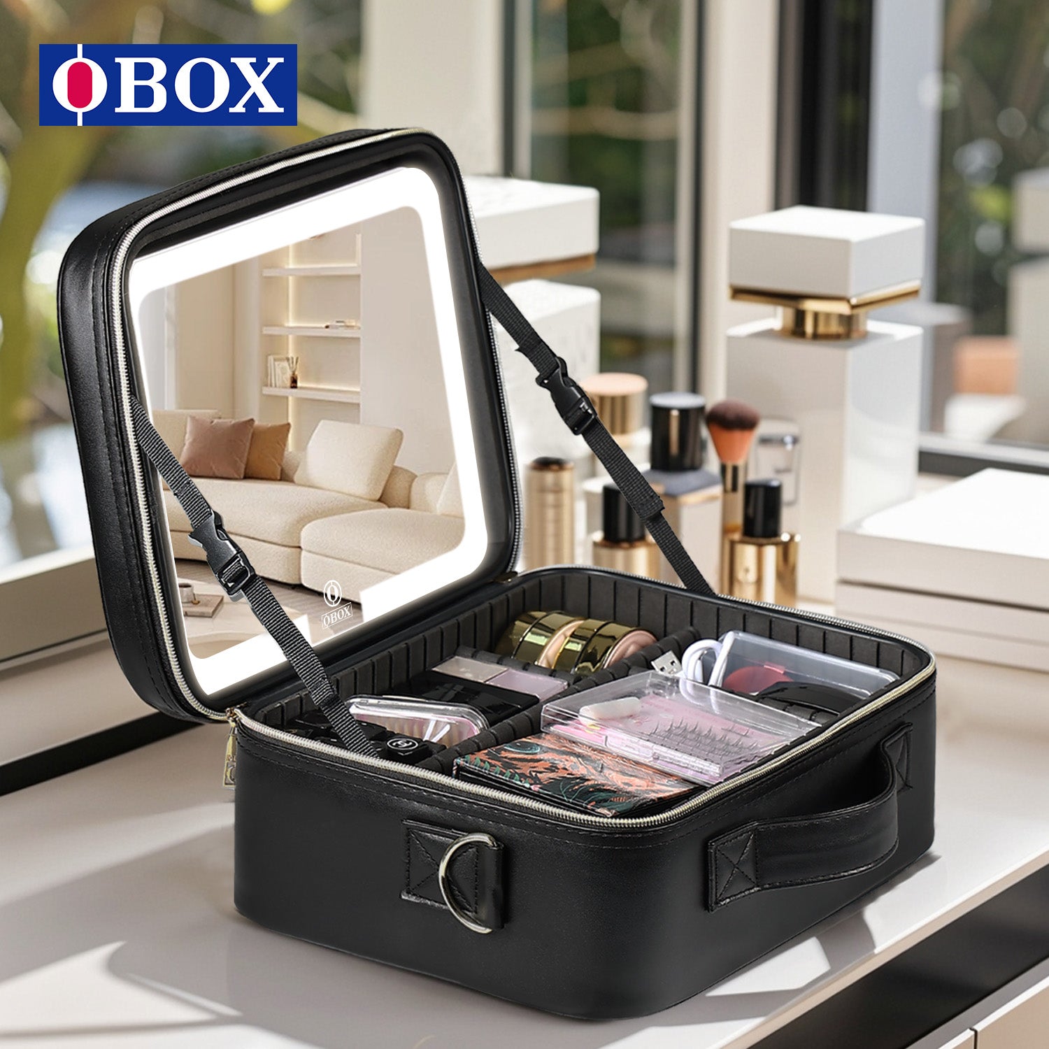 "OBOX" 2025 new cosmetic bag women with mirror with lamp skin care products beauty commuter storage hanging suitcase