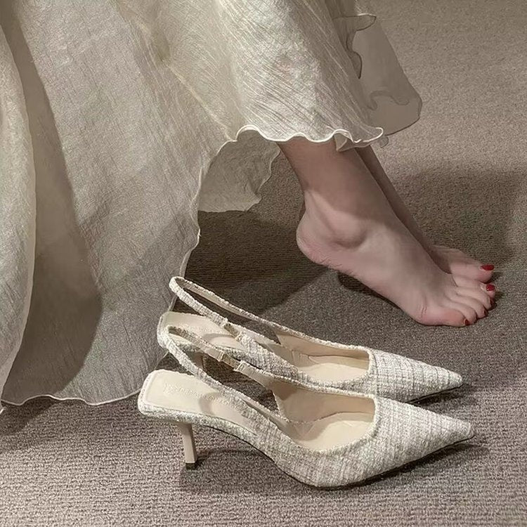 Classy small fragrant style high heels stiletto pointed toe sandals for women 2025 summernew arrival back empty toe cap plus sizeflats