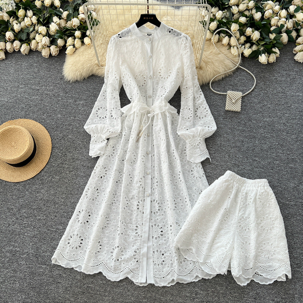 French fashion heavy industry cut outembroider round neck long sleeves single breasted dress women's bottoming shorts two-piece set