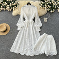 French fashion heavy industry cut outembroider round neck long sleeves single breasted dress women's bottoming shorts two-piece set