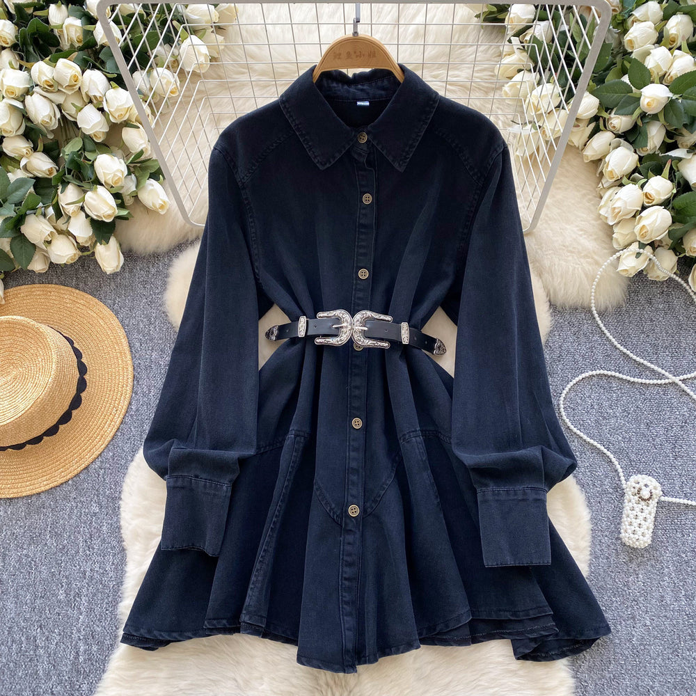 New spring chic hong kong style retro high-end loose slimming irregular tie-waist denim dress for women