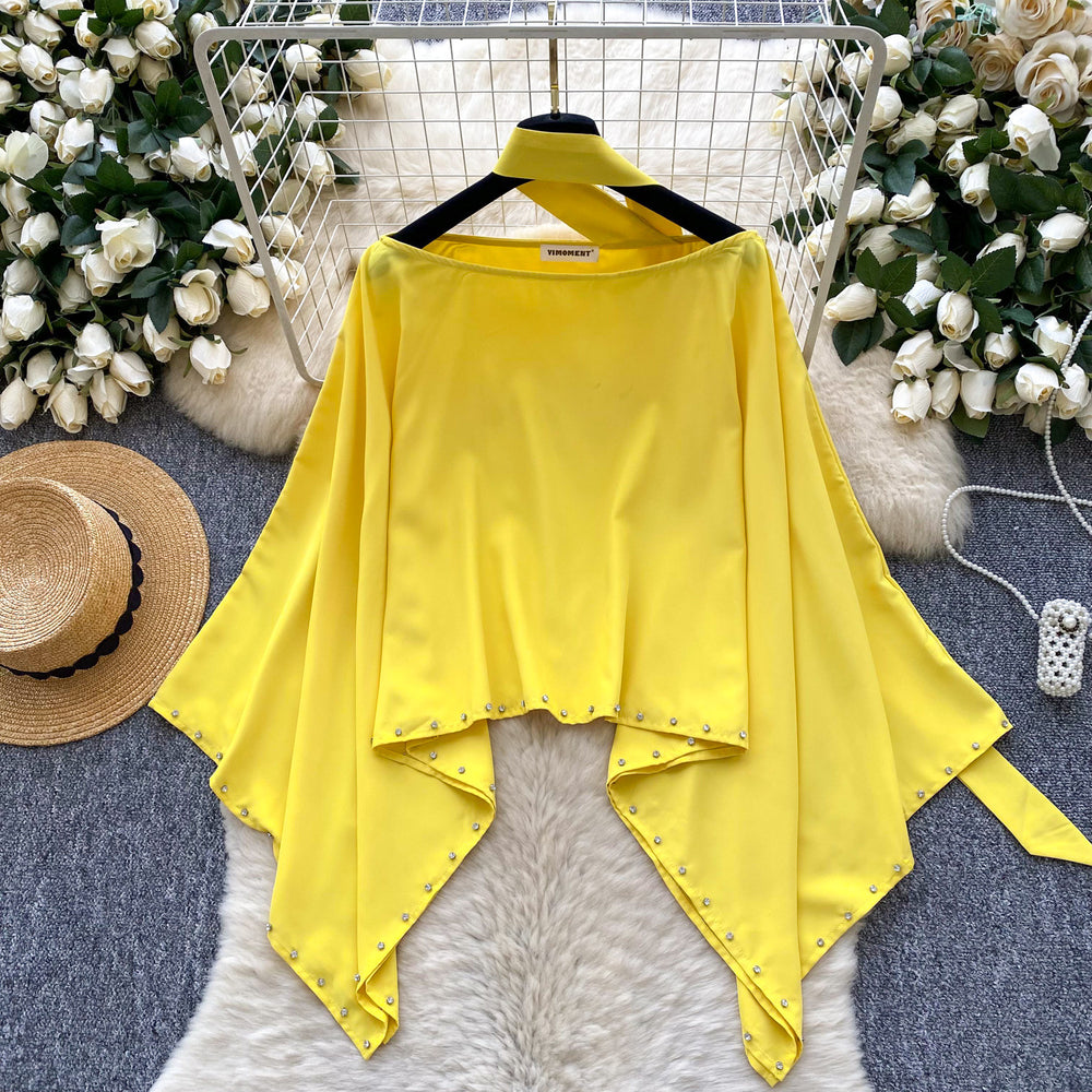 Classy sense of niche autumn wear lazy style asymmetrical bat sleeve shirt women's autumfashion beaded loose blouse trendy