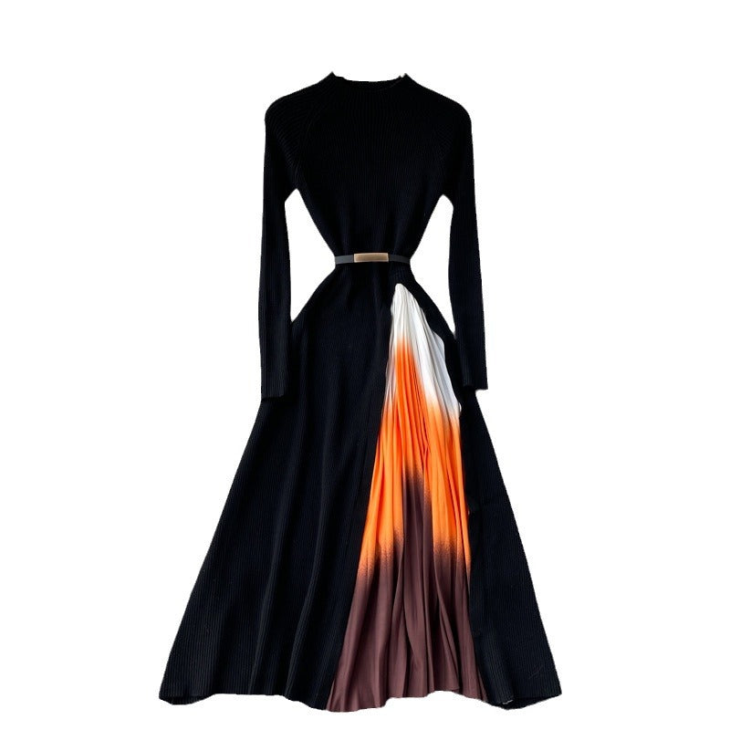 French hepburn style elegant knit patchwork gradient pleated slim-fit waist-defining maxi dress - new autumn collection for women