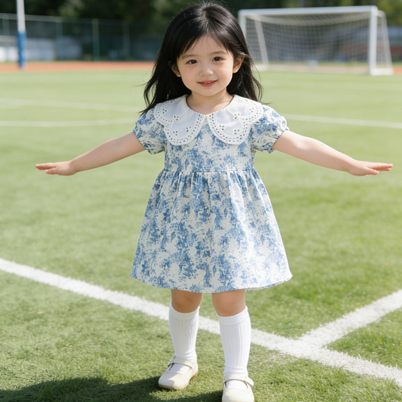 summer new arrival: lightweight girls' dress - blue and white porcelain doll collar, short-sleeved, stylish baby princess summer dress