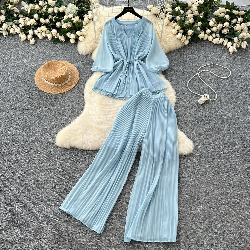 spring two-piece set for women: ruched v-neck tie-waist lantern sleeve top + high-waisted pleated wide-leg cropped pants
