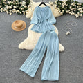 spring two-piece set for women: ruched v-neck tie-waist lantern sleeve top + high-waisted pleated wide-leg cropped pants