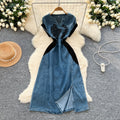 Chinese style outfit women's summer fashion heavy industry diamond embroiderv neck short sleeve patchwork denim dress women's long skirt