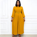 D163  summer new solid color long sleeve pleated european and american plus size women's loose slimming african jumpsuit